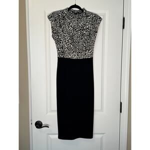 Black & White Mock Neck Midi Sheath Dress